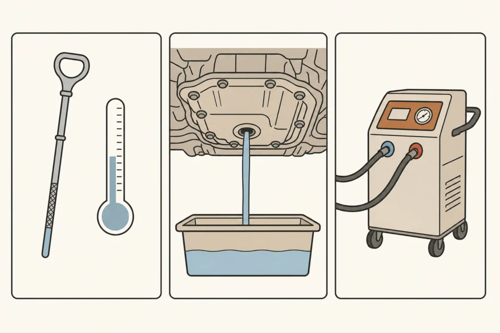 Three transmission-fluid jobs: level inspection, drain-and-fill, and machine fluid exchange.