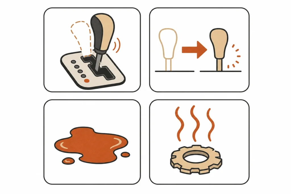 Transmission symptoms that require diagnosis first: slipping, delayed shifts, leaks, and burnt odor.