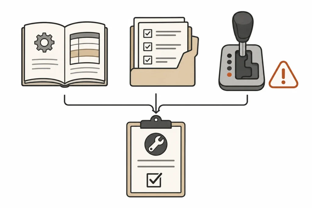 Three inputs for a transmission-fluid decision: vehicle requirements, service history, and current transmission behavior.