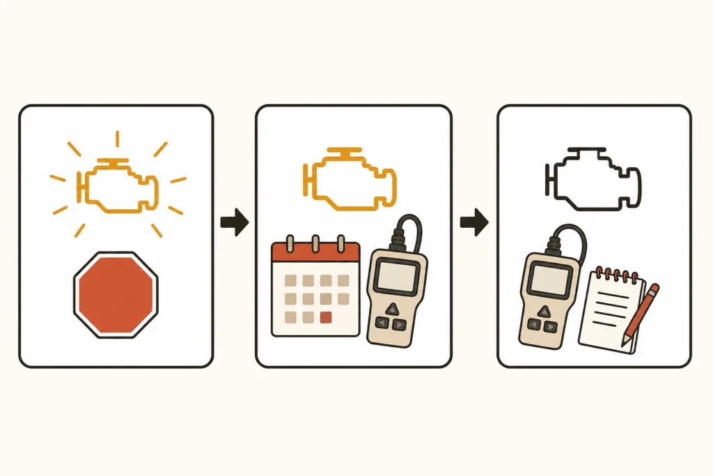Three-panel visual showing a flashing check-engine light requiring immediate attention, a steady light needing a prompt scan, and an unlit light with a scanner and notes.