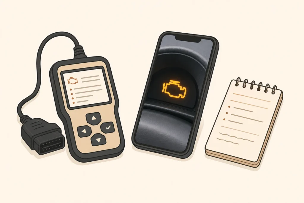 A generic OBD scanner, a phone showing a dashboard warning light, and a notepad for recording driving conditions.