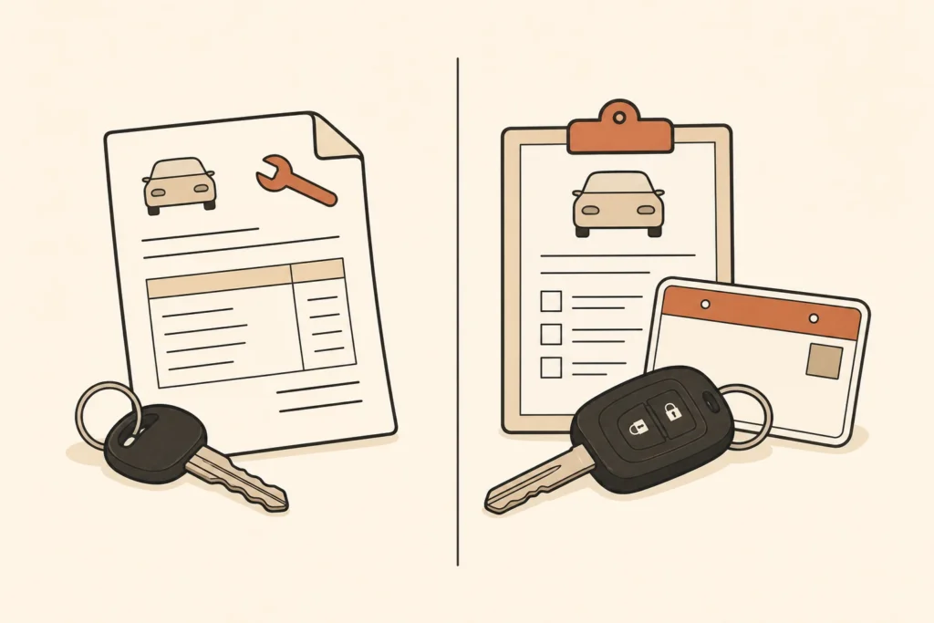 A two-panel illustration compares a repair invoice with financing and registration costs for a replacement car.