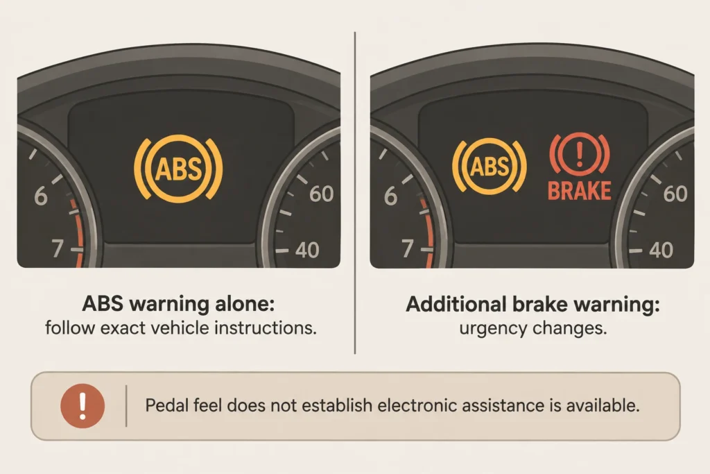 Comparison of an amber ABS warning alone and an ABS warning accompanied by a red brake warning.