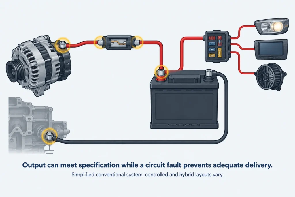 Simplified charging circuit showing how a connection or ground fault can impair delivery even when alternator output meets specification.