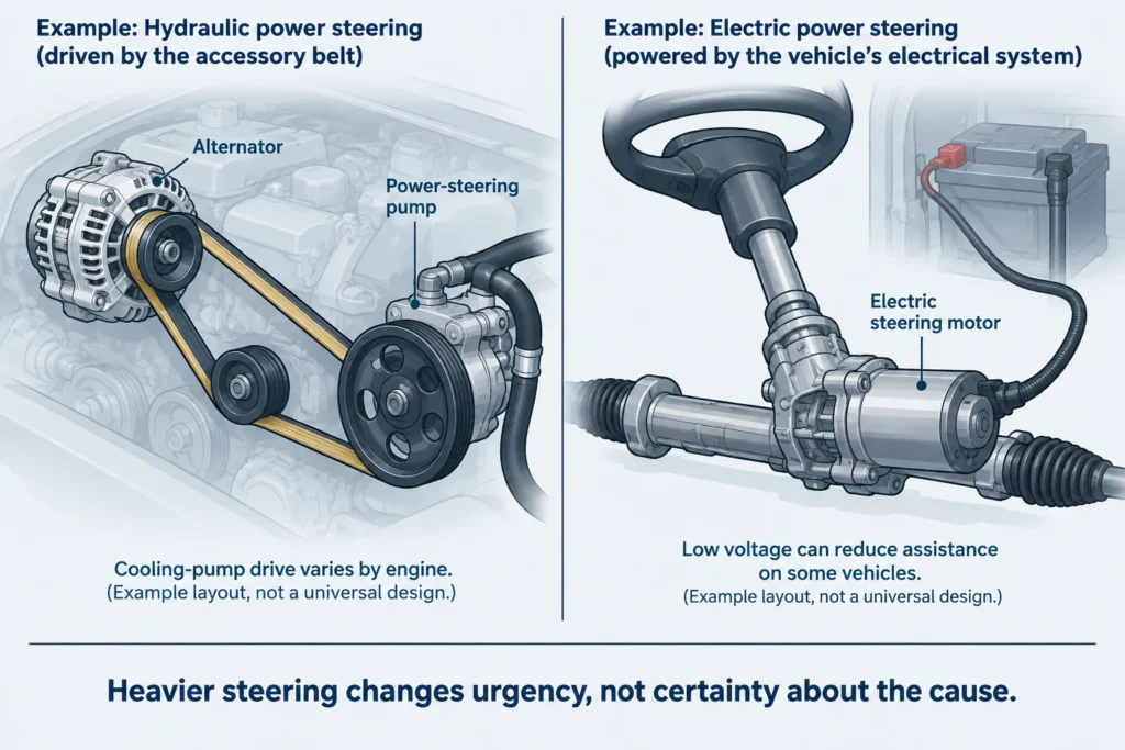 Example hydraulic and electric steering layouts showing two ways a charging problem can accompany reduced steering assistance.