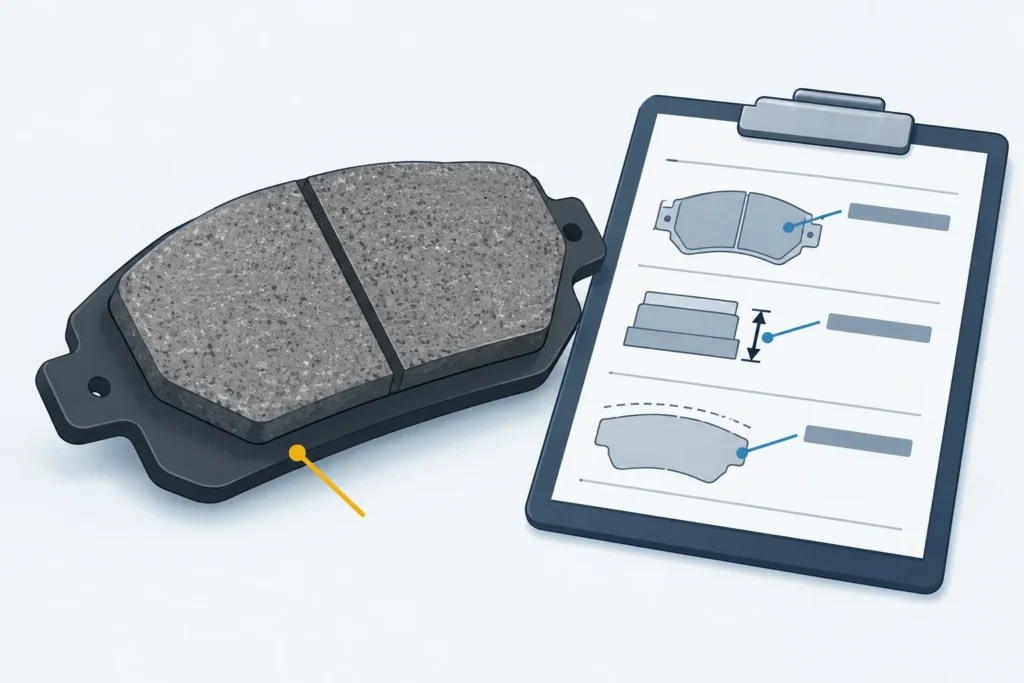 Brake pad and inspection report highlighting pad location, friction-material thickness, and the applicable service limit.