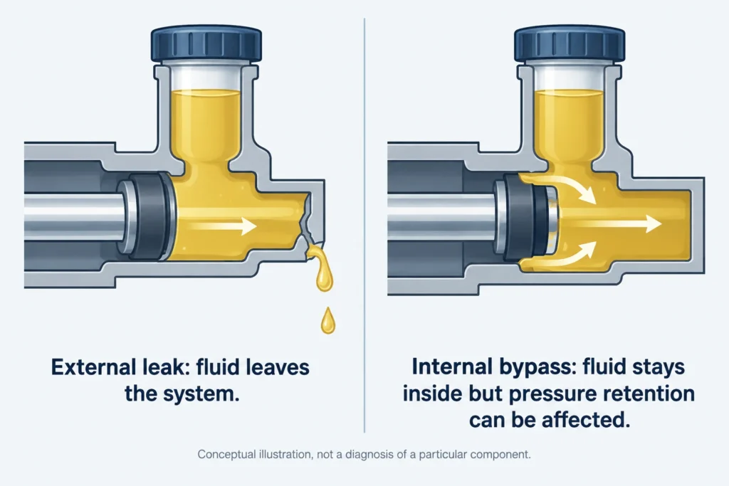 Diagrams show fluid escaping externally versus passing a seal internally without leaving the hydraulic system.