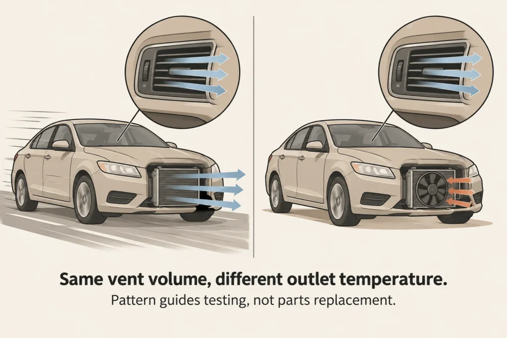 Moving and stopped car comparison showing outside airflow changes while vent air volume remains the same.