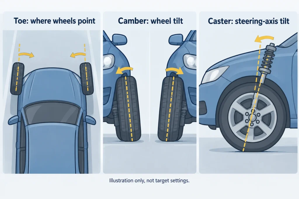 Toe viewed from above, camber viewed from the front, and caster viewed from the side.