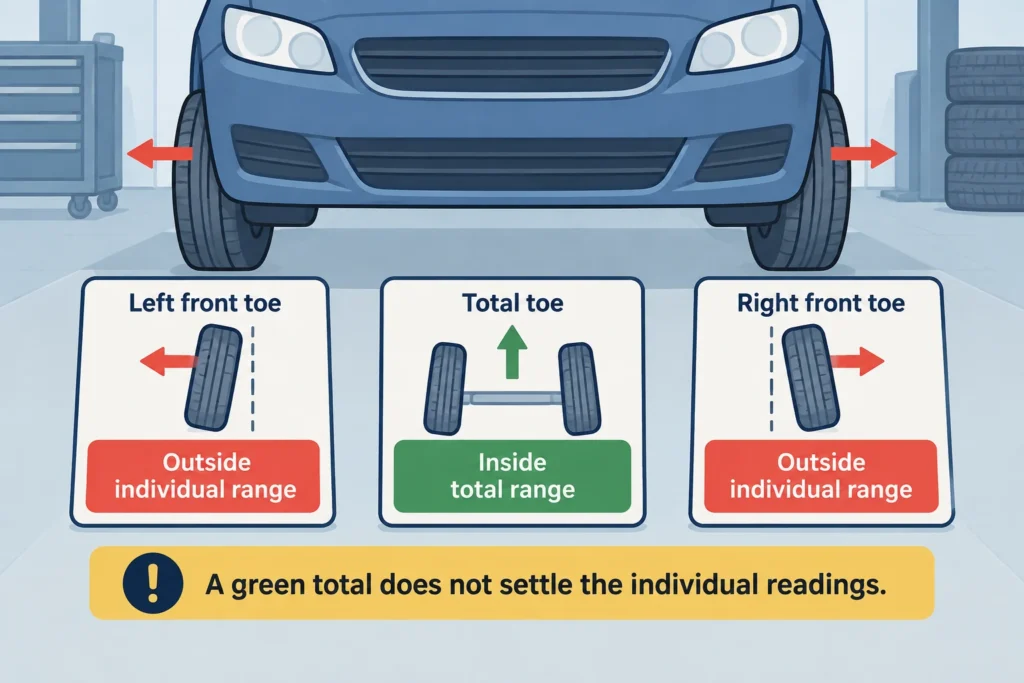 Two individual front-toe readings outside their limits alongside a total-toe reading inside its limits.