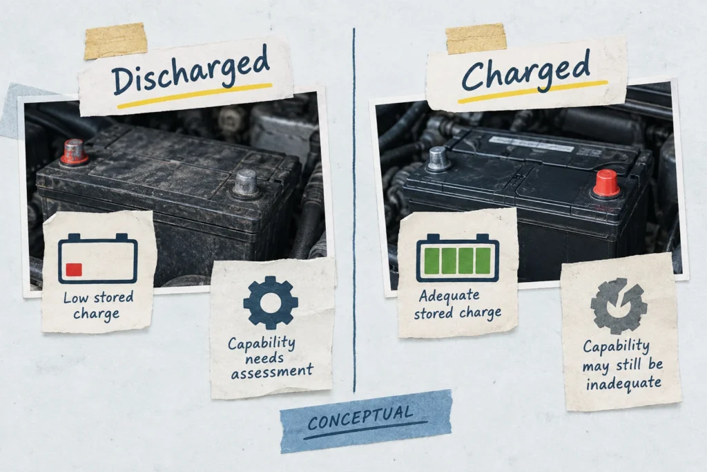 Conceptual comparison shows that a discharged battery may retain capability while a charged battery may lack it.