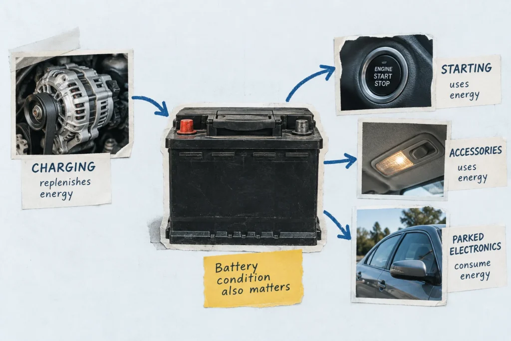A car battery receives charging energy and supplies starting, accessory, and parked electrical loads.