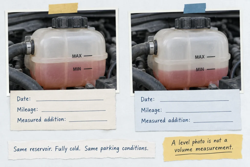 Two comparable cold coolant-level observations with spaces to record date, mileage, and measured additions.