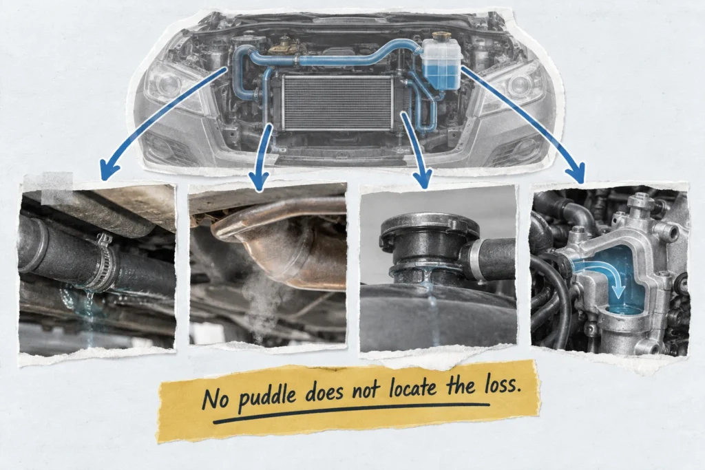 Four ways coolant can escape without leaving a visible puddle beneath a car.
