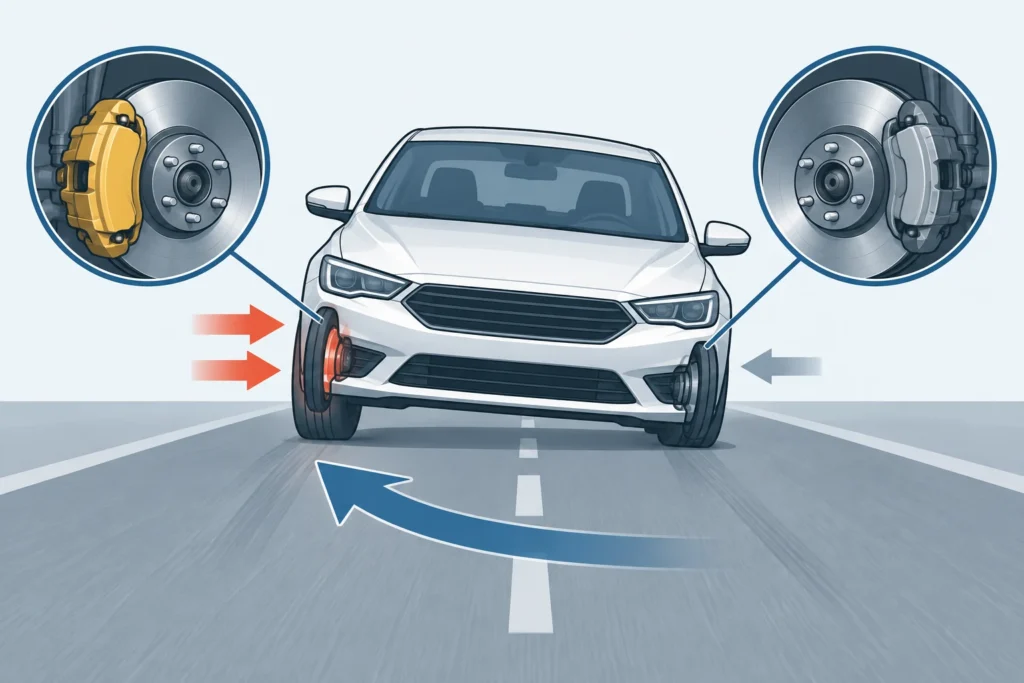 Literal visual for A leftward pull isn't a left-caliper diagnosis.