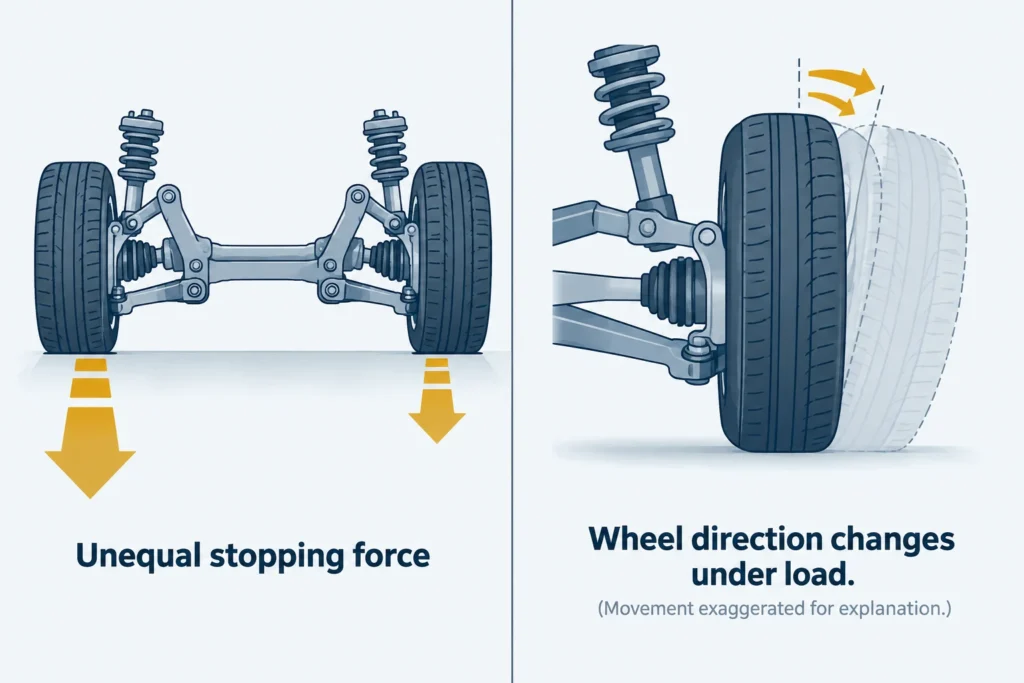 Braking pull can result from unequal stopping force or suspension movement that changes a wheel's direction under load.