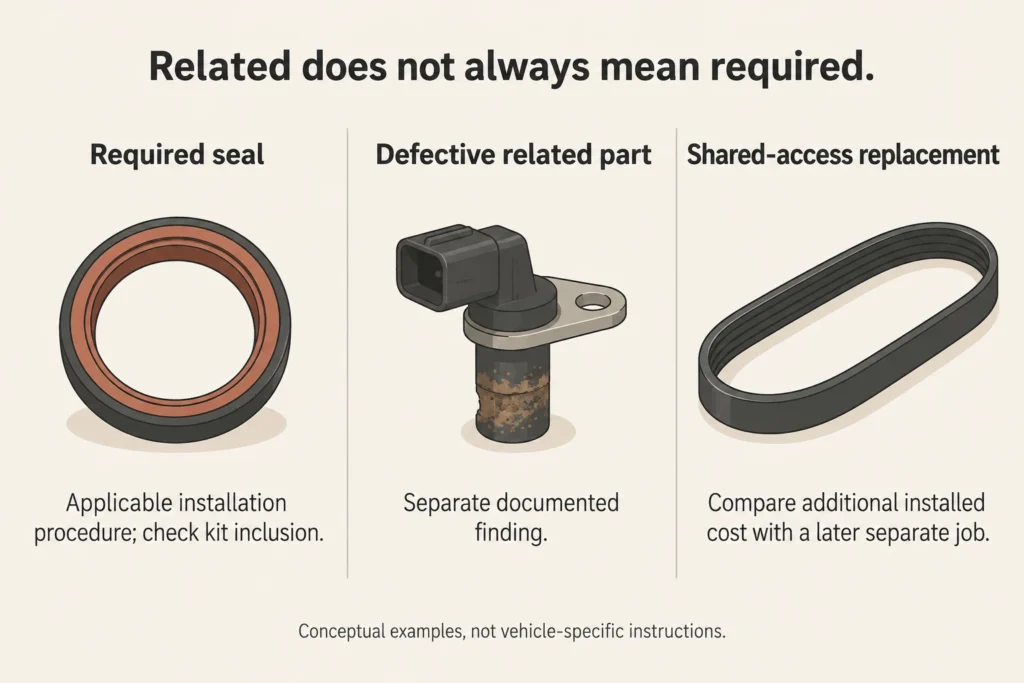 Comparison of a procedure-required seal, an independently defective related part, and a discretionary shared-access replacement.