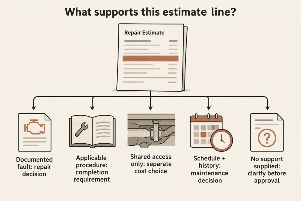 Repair estimate lines separated by documented fault, required procedure, shared access, maintenance timing, and missing evidence.