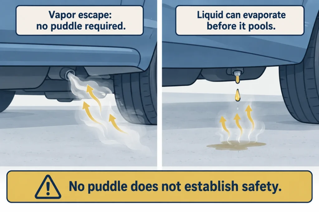 Two schematics show fuel vapor escaping and liquid evaporating without leaving a visible puddle.