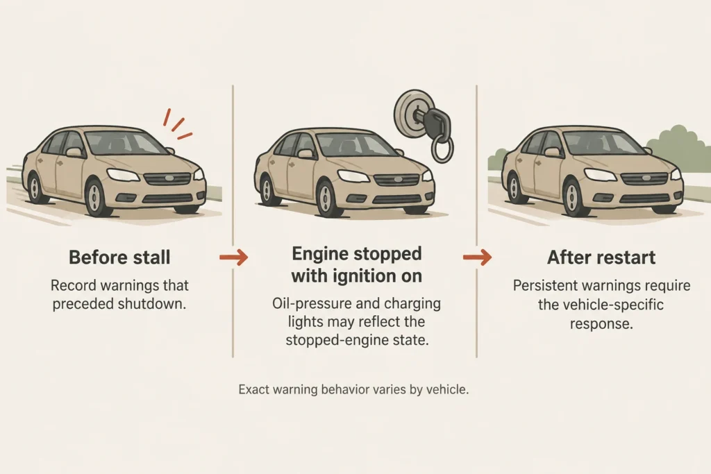Linha do tempo dos alertas no painel: antes de o motor apagar, enquanto está desligado e depois da nova partida.