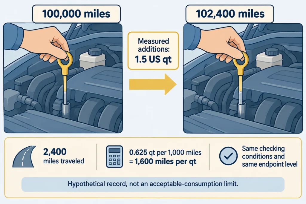 With matching endpoint levels, 1.5 quarts added over 2,400 miles equals 0.625 quart per 1,000 miles.