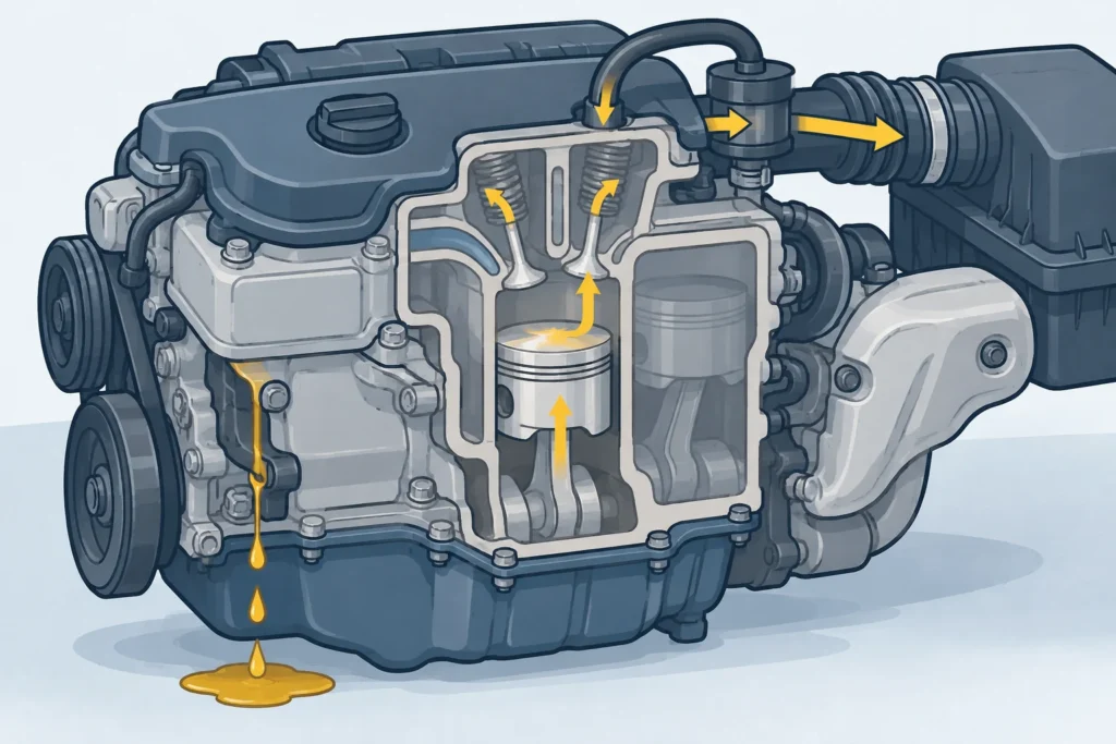 Possible oil-loss routes include external leakage, crankcase ventilation into the intake, and internal entry into combustion.
