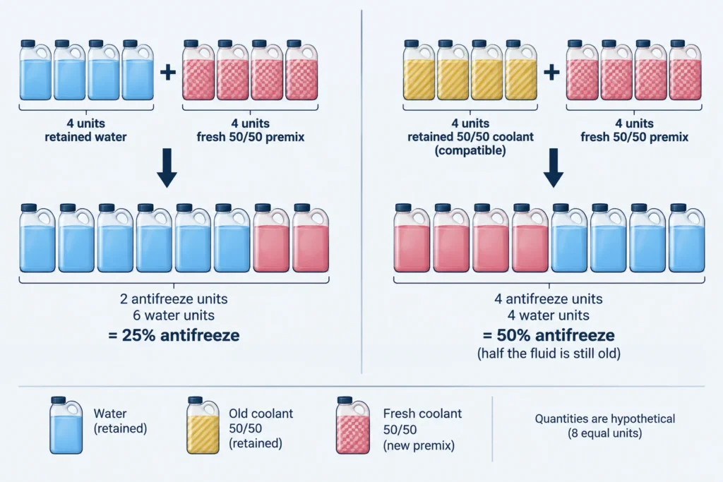 Hypothetical 8-quart mixtures yielding 25% antifreeze with retained water and 50% with retained compatible premix.