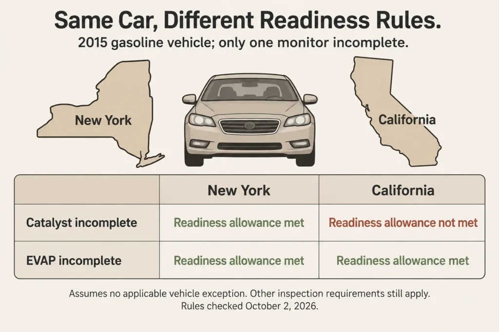 New York allows either single incomplete monitor shown on a 2015 gasoline vehicle, while California allows EVAP but not catalyst to remain incomplete.