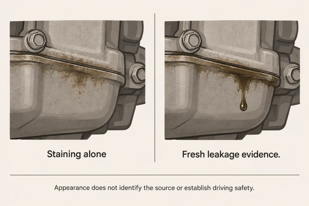 Dusty staining without droplets compared with a fresh hanging oil droplet.