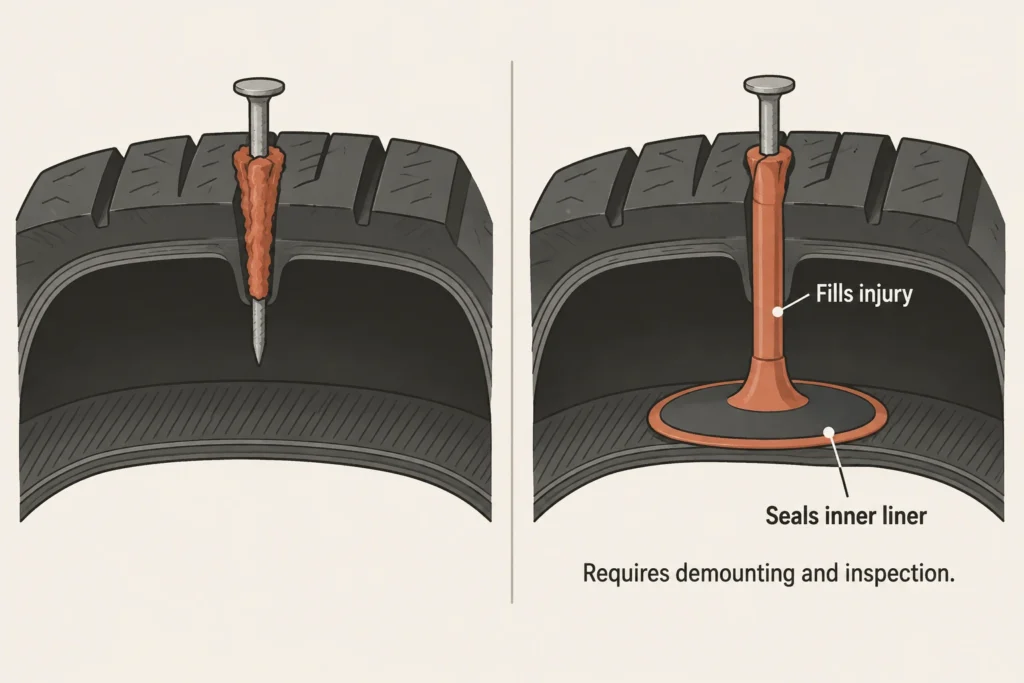 Comparison of an outside-only tire plug and a complete repair that fills the injury and seals the inner liner.