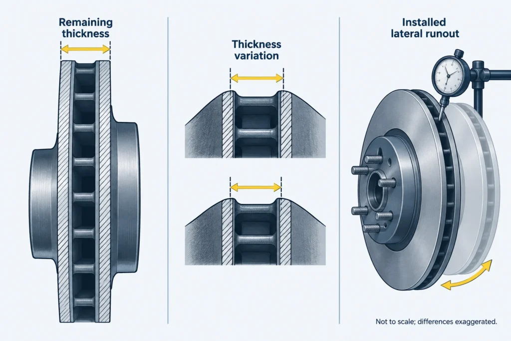 Diagrams distinguish overall rotor thickness, thickness differences around the friction track, and side-to-side movement when mounted.