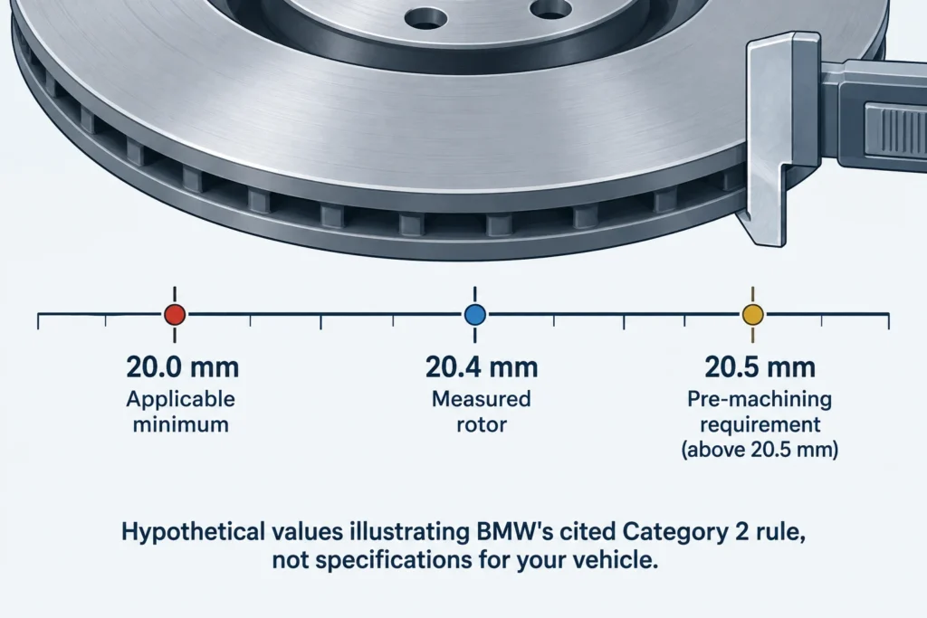 A hypothetical rotor measuring 20.4 mm exceeds a 20.0 mm minimum but does not meet a machining entry requirement above 20.5 mm.