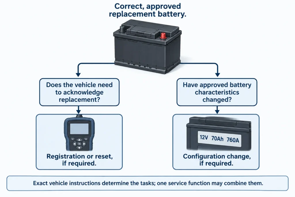 Diagram distinguishing battery replacement registration from configuration changes for an approved battery.
