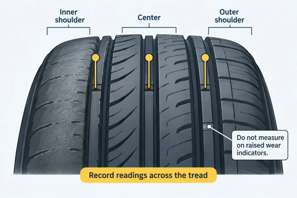 Three tread measurement locations reveal an inner shoulder worn more deeply than the center and outer shoulder.