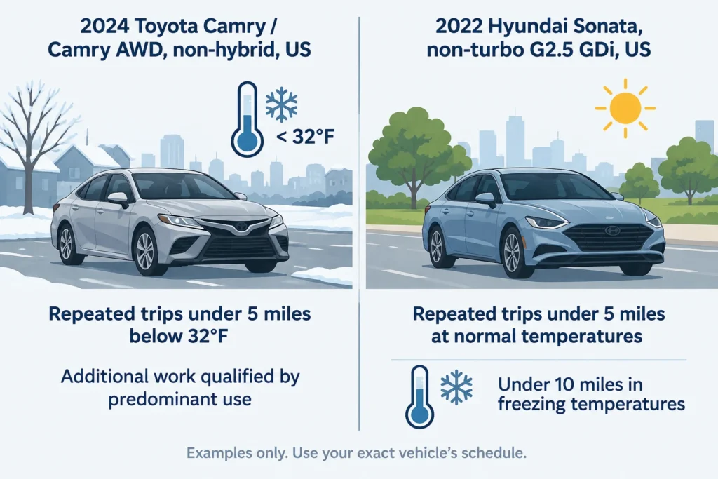 Comparison of model-specific Toyota Camry and Hyundai Sonata short-trip maintenance definitions.