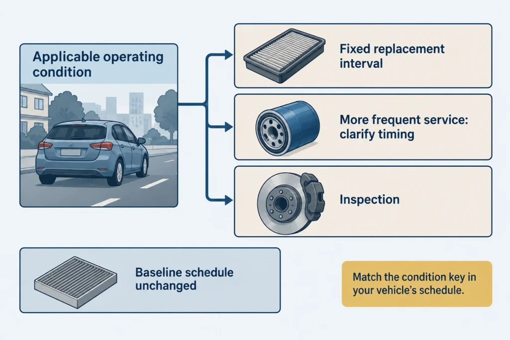 Diagram showing that an operating condition changes only the maintenance rows linked to it.