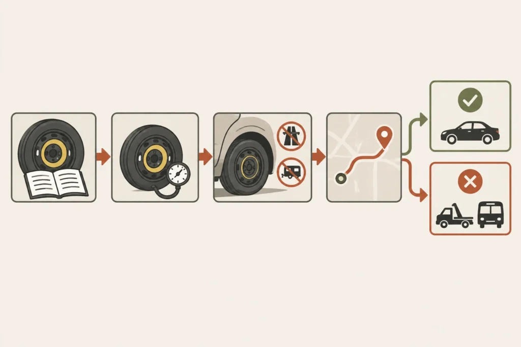 Decision flow checking spare condition, pressure, placement, and vehicle restrictions before a trip to tire service.