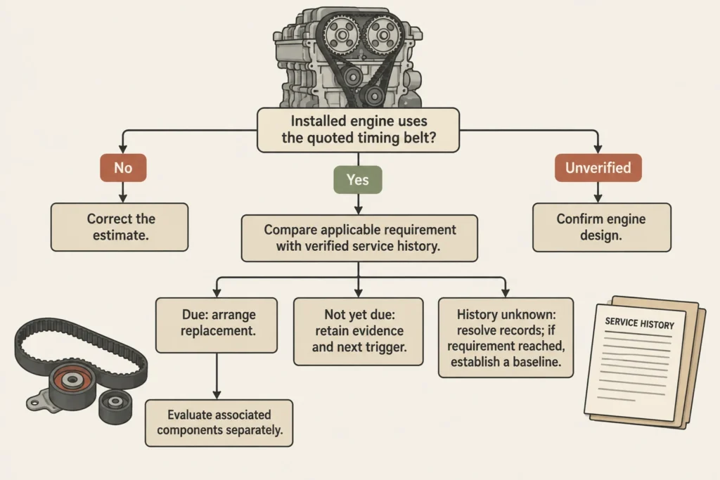 Timing-belt decision diagram separating engine applicability, replacement requirements, and service-history evidence.