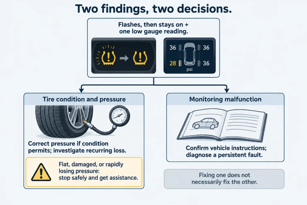 Separate actions for a low tire and a persistent TPMS malfunction found on the same vehicle.
