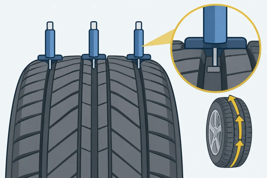 Illustrative tire with a 3/32-inch inner main groove and 5/32-inch center and outer grooves, plus gauge placement beside a wear bar.