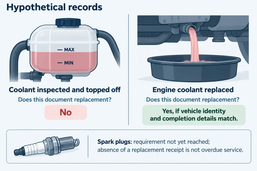 Hypothetical coolant service descriptions compared with what they establish about replacement.