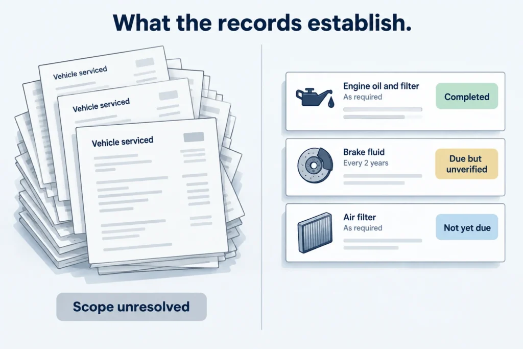 Generic service entries compared with specific records that establish whether maintenance requirements are resolved.