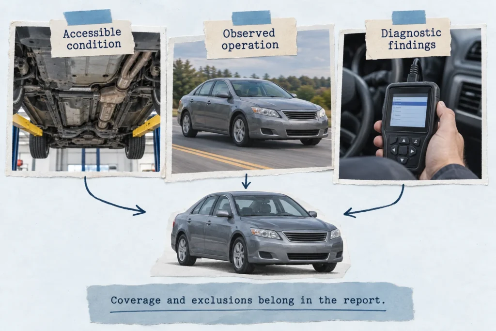 Three parts of a pre-purchase inspection: underside examination, road-test observations, and diagnostic findings.