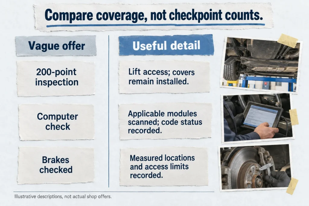 Comparison of vague inspection labels with specific descriptions of access, scan coverage, and recorded measurements.